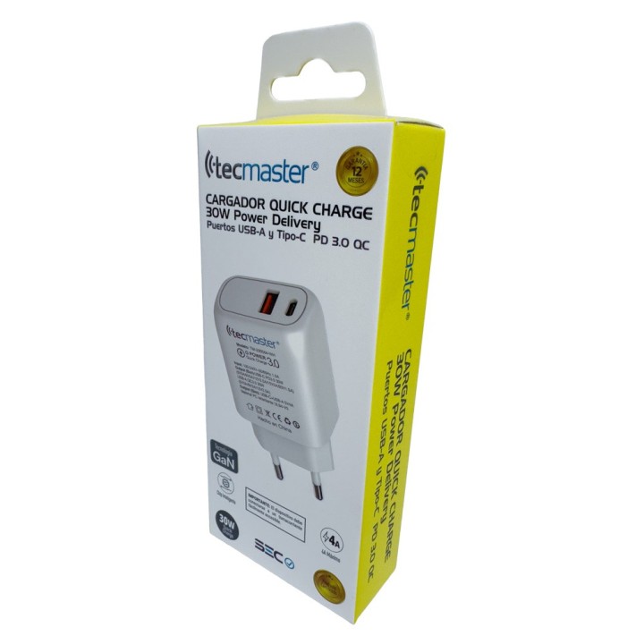 TECMASTER CARGADOR QUICK CHARGE 30W, PUERTOS USB-A Y TIPO-C PD 3.0